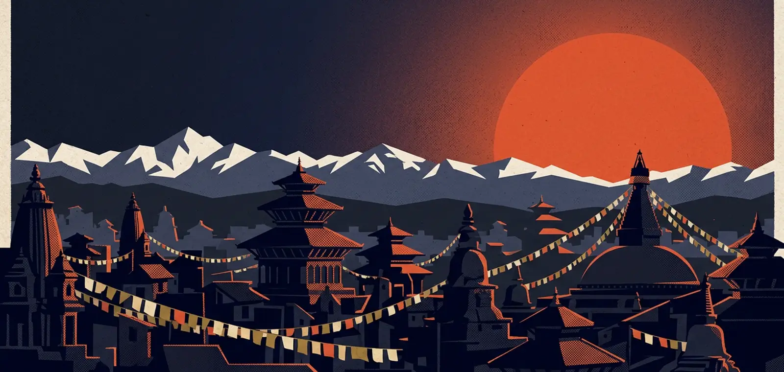 Illustrated rooftops, temples and prayer flags of the Kathmandu valley beneath the Himalaya